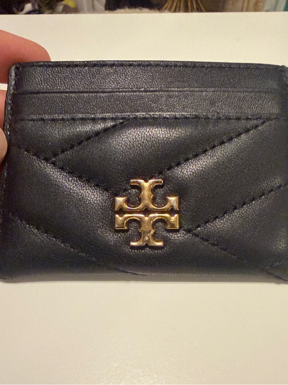Tory Burch Kira Black Quilted Leather Card Case with Gold Logo